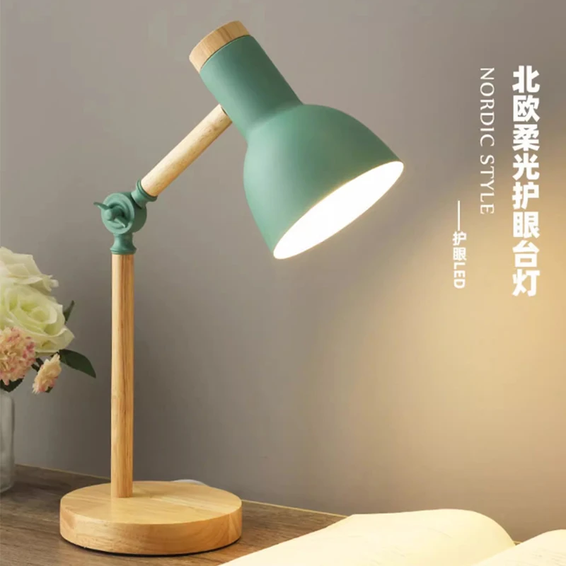 Creative Nordic Table Lamp Wooden Art LED Turn Head Simple Bedside Desk Light/Eye Protection Reading&Bedroom Study Lamp