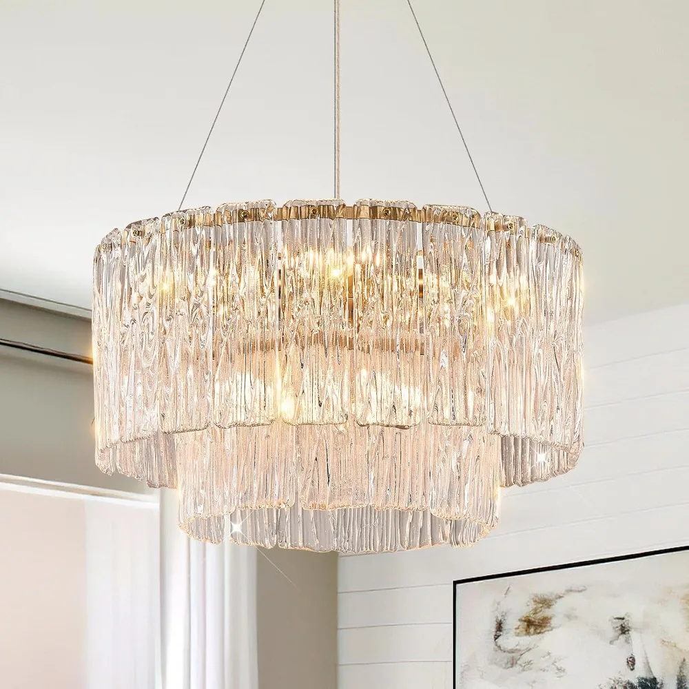 Modern Gold Chandeliers,20” Crystal Glass Pendant Ceiling Light Fixtures Round Chandelier Luxury 2 Tiers Hanging Chandelier