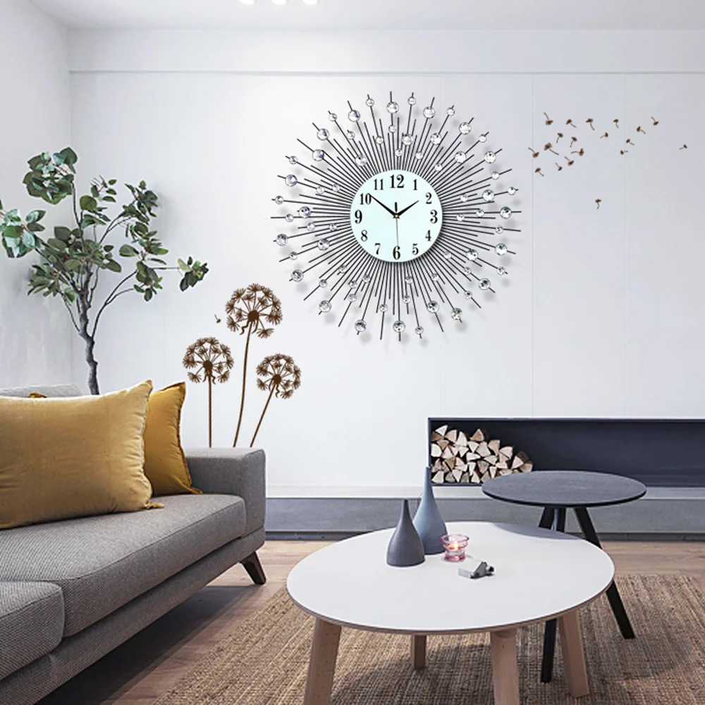 60x60cm Modern Luxury Large Art Round Diamond Wall Clock Home Living Room sitting rooms offices Decor Black