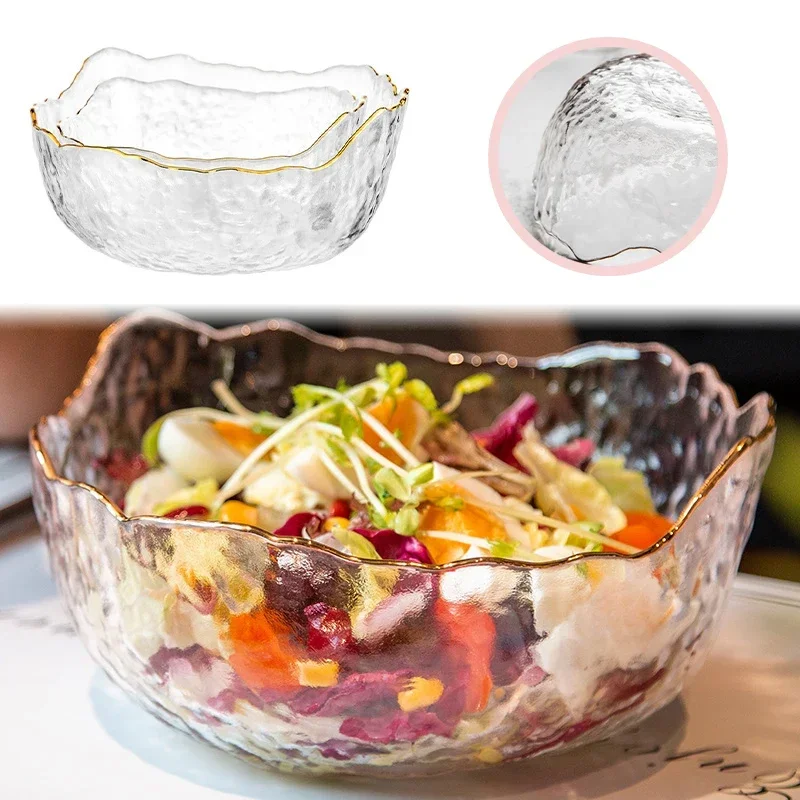 Japanese Irregular Hammer Glass Dinner Bowl Gold Edge Fruits Dishes Salad Tools Kitchen Tableware for Decorative Small Snacks