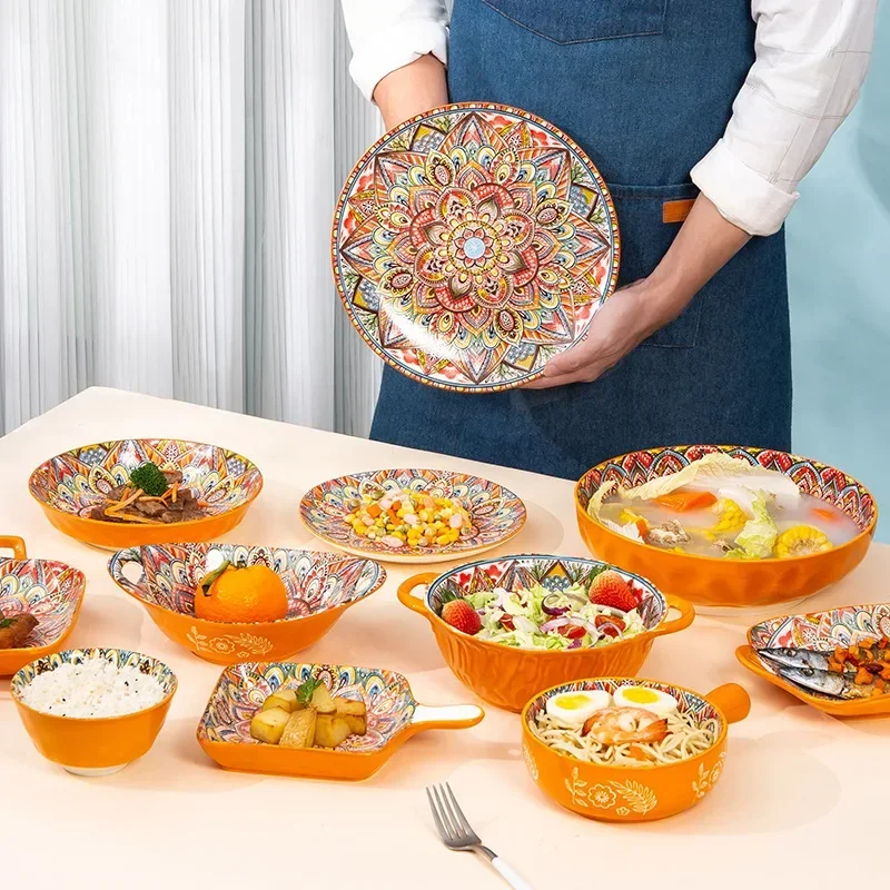 Nordic Retro Pretty Bowl Ceramic Tableware Bowls for Food Dishes Western Food Plate Household Colored Glazed Bowls and Plates